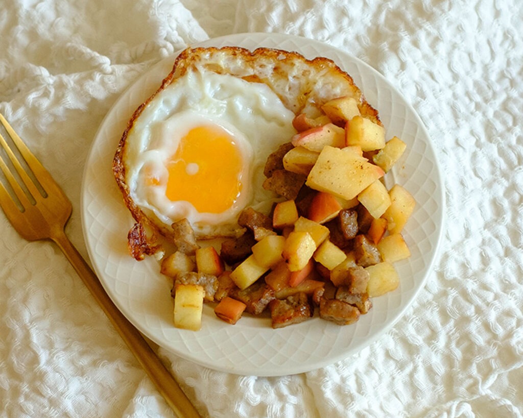 fried egg and sausage hash
