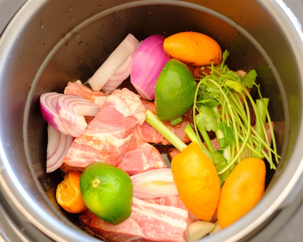 Ingredients for pork carnitas that include red onions, seasonings, cilantro, green onion, lime, orange, and pork.