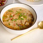 Bowl of hot and sour soup garnished with green onions.