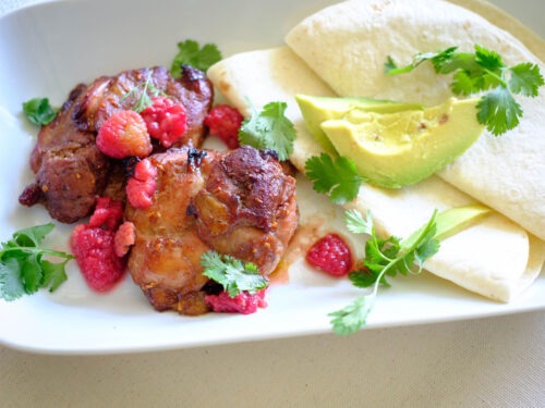 raspberry chicken soft tacos in rectangle plate