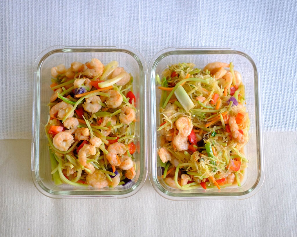 shrimp with spaghetti squash in glass meal prep container