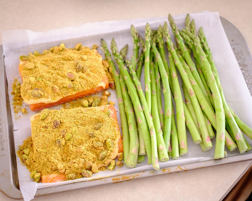 Baked Pistachio Crusted Salmon and Asparagus ready to cook
