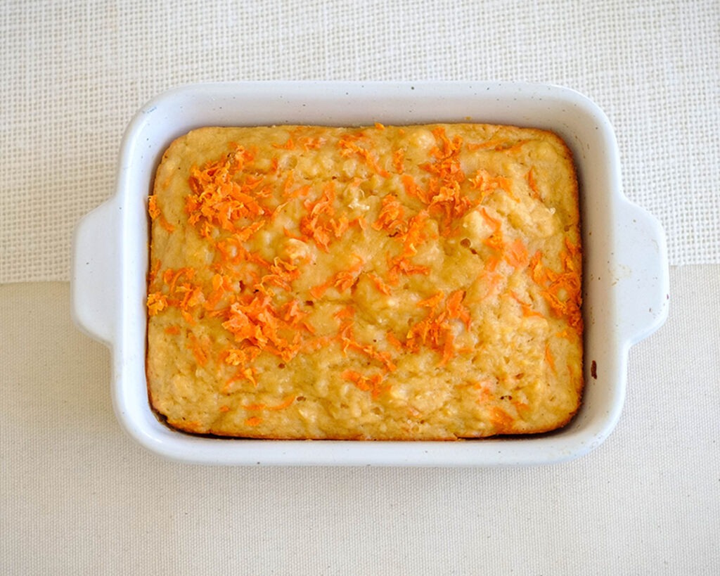 rectangular baking dish with a pineapple and carrot muffin bar