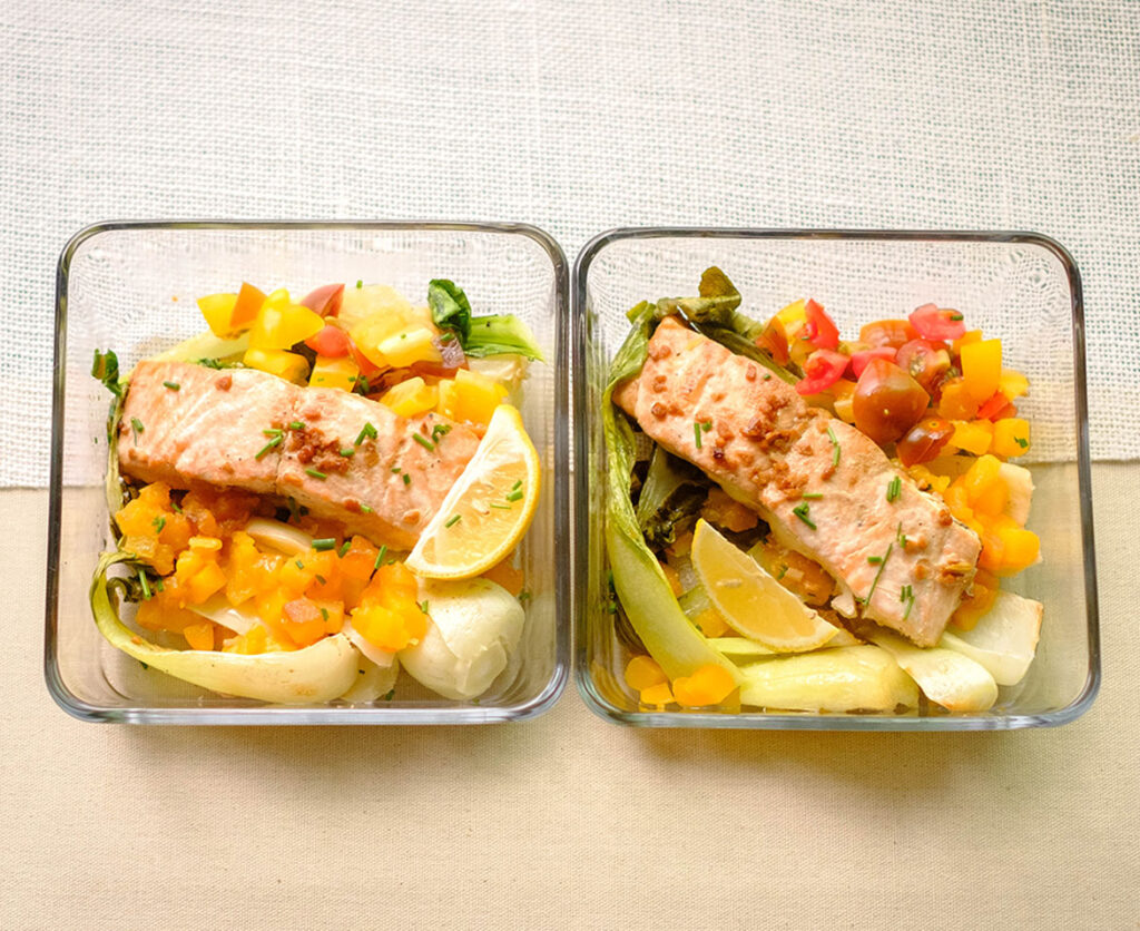 plate with salmon, bok choy, and diced butternut squash