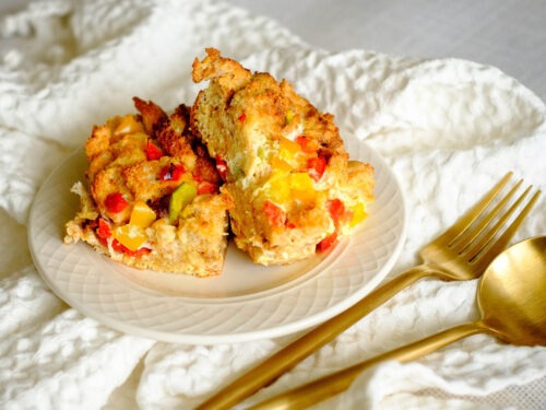 round plate with bread pudding with bell peppers