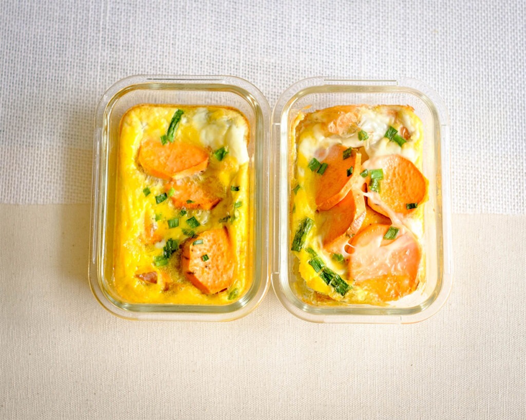 glass meal prep containers with baked egg frittata and sweet potato
