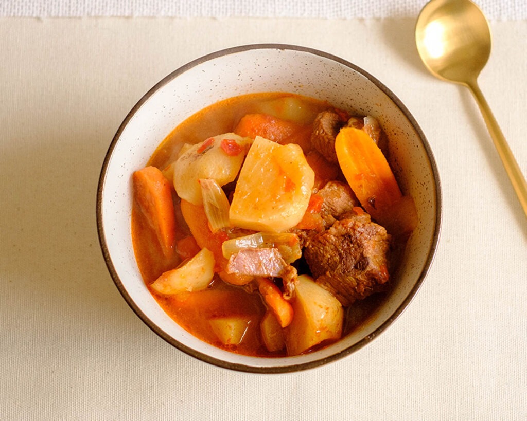 soup bowl with beef stew, carrots, and turnips