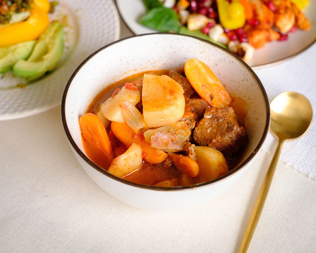 soup bowl with beef stew, carrots, and turnips
