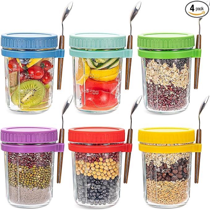 Overnight Oats Container, Overnight Oatmeal Container With Lid And Spoon,  Grain Milk Vegetable And Fruit Salad With Measurement Mark Storage Container,  Sealed Oatmeal Container Mason Can With Lid, Grain Container, Home Kitchen
