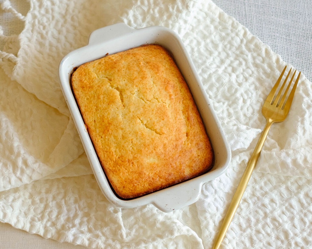 rectangle baking dish with a lemon ricotta breakfast cake