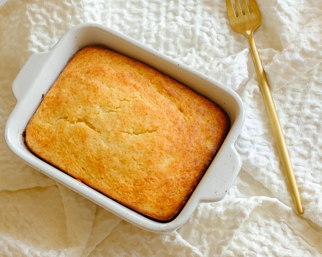 rectangle baking dish with a lemon ricotta breakfast cake