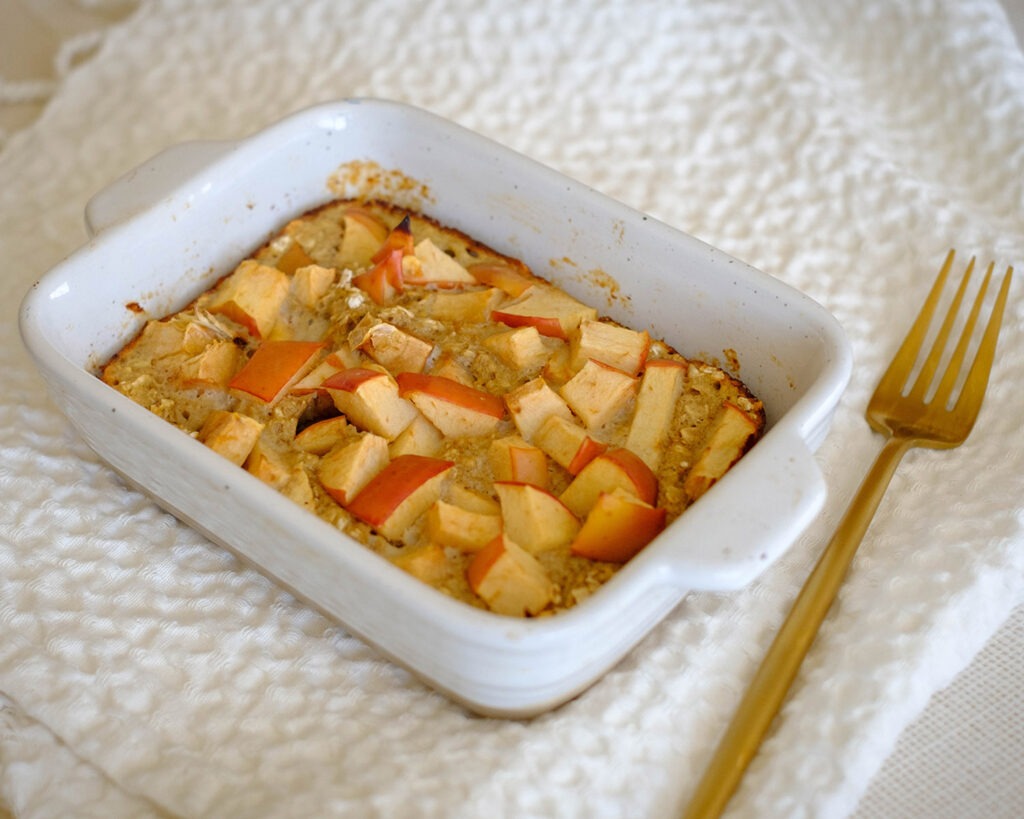rectangular baking dish with apple oatmeal breakfast muffin bars