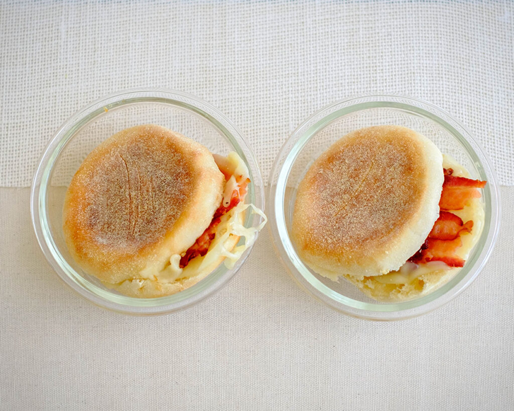 english muffins, bacon slices, and sliced cheese for breakfast meal prep