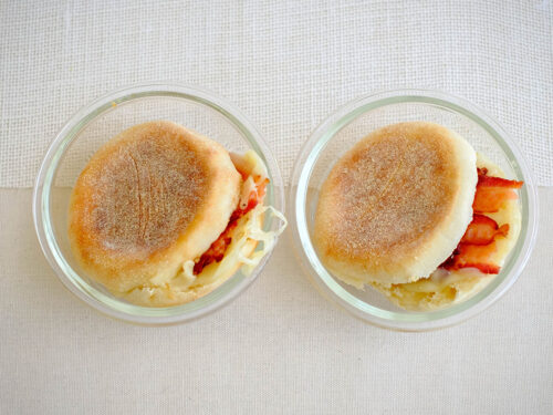 english muffins, bacon slices, and sliced cheese