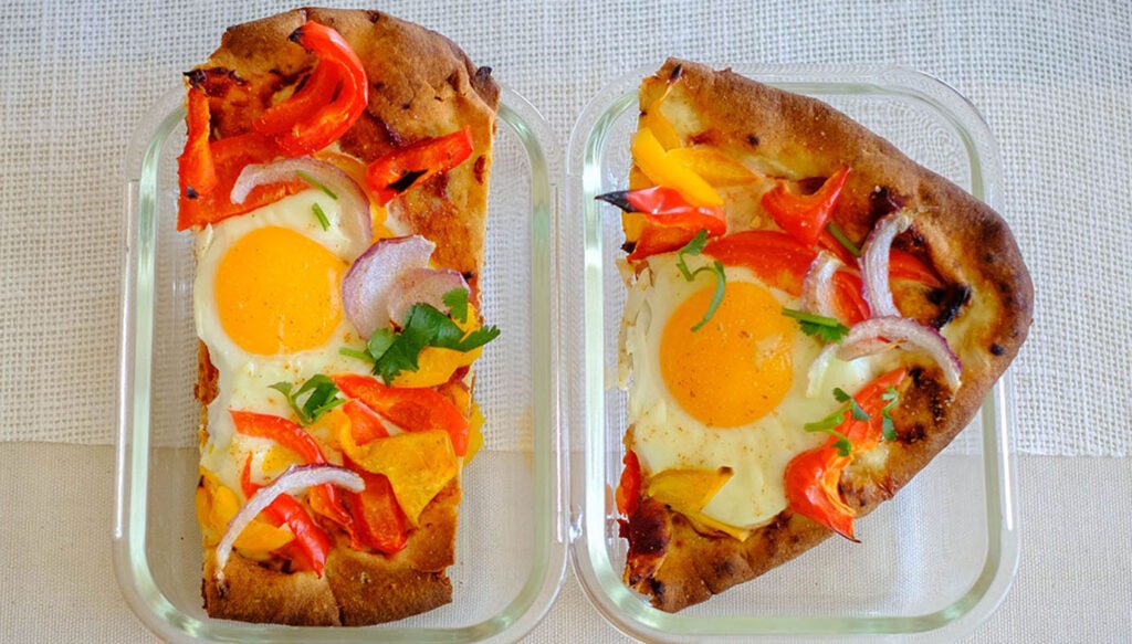 breakfast pizza with meal prep eggs