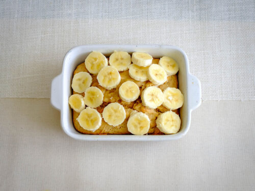 rectangle baking dish with peanut butter muffin with banana slice topping