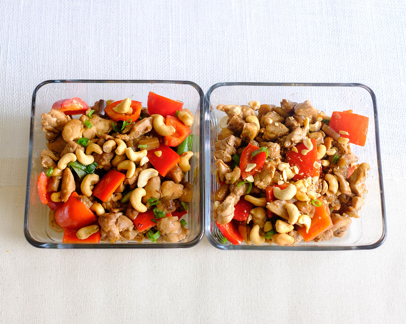 Chicken Stir Fry with cashews, red bell peppers, eggplant, and green onions