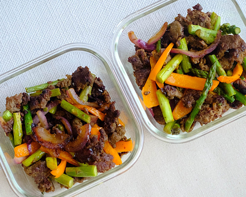 ground turkey with asparagus and orange bell peppers