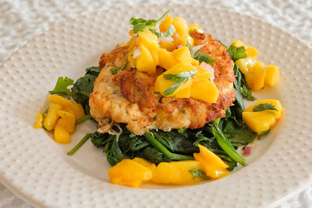 crab cake seafood lunch meal prep for the office on a plate