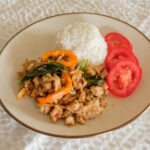 ground chicken stirfry with rice and tomatoes