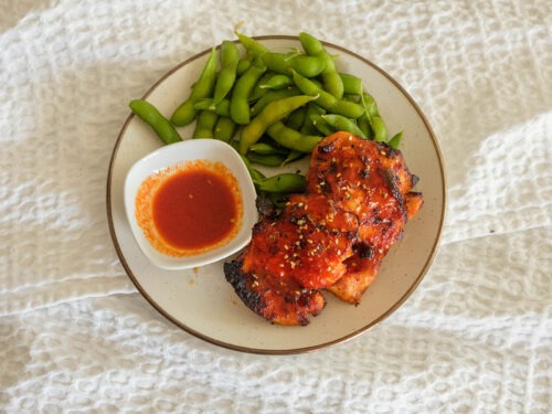 Air Fryer Chicken with edamame and hot honey gochujang sauce